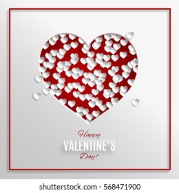 Red heart vector illustration on white background with frame for valentines day greeting card, paper cut out art style. Caption happy valentine’s day