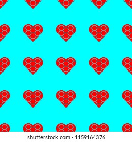 Red heart vector pattern seamless on blue background.
