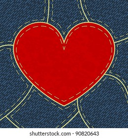 Red heart vector retro background of the jean and thread