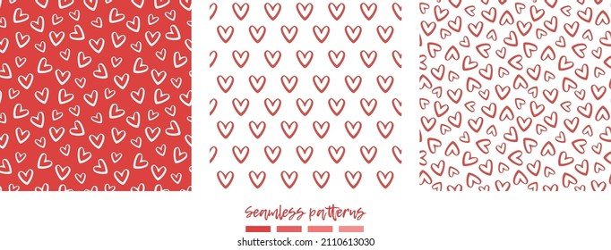 Red heart vector seamless pattern set. Wedding invitation frame, birthday card design. Hand painted isolated elements on white background. valentines day card, march, easter, happy easter, february.