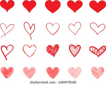 Red heart vector set. Hand drawn love icons isolated on white background. Collection of hand drawn hearts for love symbol, icon shape and Valentine's day. Creative art concept. Vector illustration