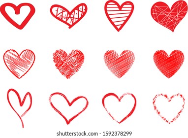 Red heart vector set. Hand drawn love icons isolated on white. Collection of hand drawn hearts for love logo, romance icon,passion symbol and Valentine's day.Creative art concept, painted brush vector