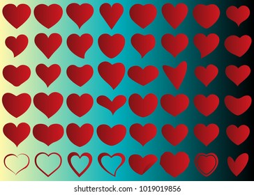 Red heart vector set icon background set for Valentine's day, medical illustration, love story symbol. Health medical flat logo. Romantic amour beautiful shape