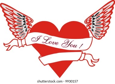 red heart vector with wings and customizable text band