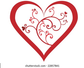 A red heart with vines of swirls