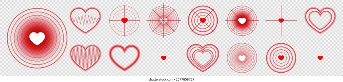 Red heart with wave effects and light highlights on a transparent background. A perfect combination of romantic symbolism and wireless technology featuring radar, sonar, and Wi-Fi-inspired designs.