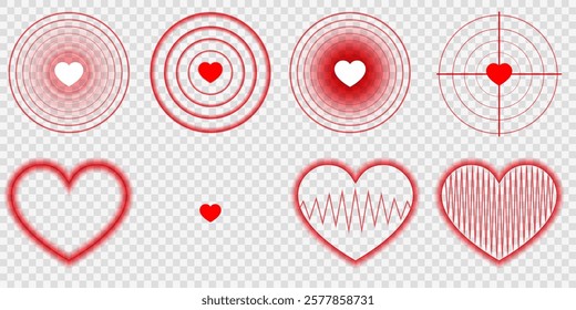 Red heart with wave effects and light highlights on a transparent background. A perfect combination of romantic symbolism and wireless technology featuring radar, sonar, and Wi-Fi-inspired designs.