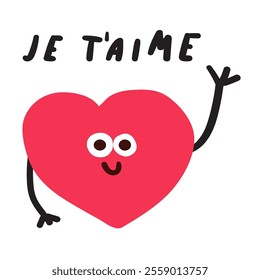 Red heart waving.  Phrase - Je T'aime. It's mean I love you on French. Design on Valentine's day. Flat illustration on white background.