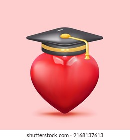 Red Heart Wear A College Cap, Graduation Cap, Mortar Board. Education, Degree Ceremony Concept. 3d Vector Illustration. Cartoon Minimal Style.