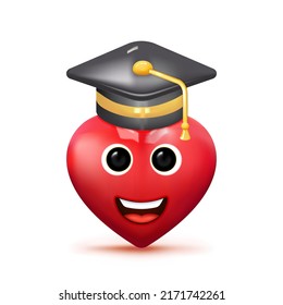 Red Heart Wear A College Cap, Graduation Cap, Mortar Board. Education, Degree Ceremony Concept. 3d Vector Illustration. Cartoon Minimal Style.