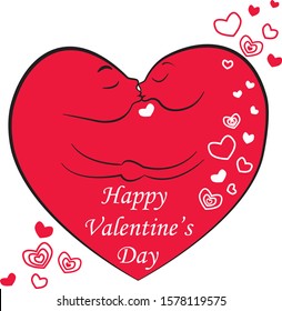 A red heart in which two halves kiss each other and hold hands. On the Valentine's the text is written in white - Happy Valentine's Day, small hearts are drawn around. Vector illustration