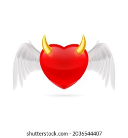 Red Heart with White Angel Wings and Golden Horns. Cute Cartoon Style Illustration. Romantic Love Lovesickness Symbol. St Valentine Greeting Card Decor, or Marriage Anniversary