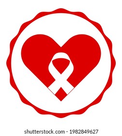 red heart with white cancer ribbon icon isolated on white background