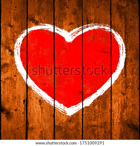 Red heart with white contour. Hand-drawn shape on a brown wooden board with realistic texture and natural structure. Love symbol created with brushstroke of a paintbrush. Vector illustration EPS file