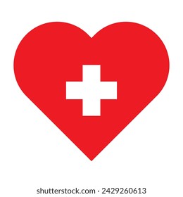 Red heart with white cross inside icon. Vector illustration isolated on white background
