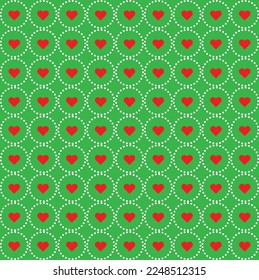 Corazón rojo en círculo de línea de puntos blancos sobre fondo verde. Feliz Día de San Valentín. Patrón cardíaco sobre fondo verde.