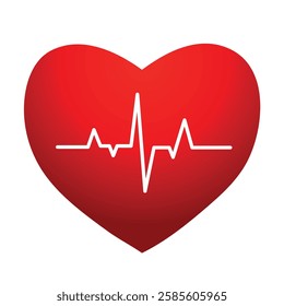 Red heart with a white electrocardiogram line symbolizing heartbeat, cardiology, and health care concepts