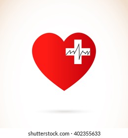Red heart and white first aid sign. icon heart. 