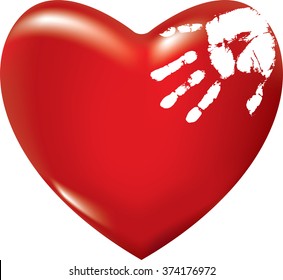 Red heart with white hand print. Vector illustration
