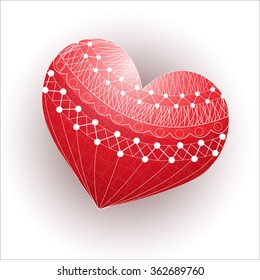 Red heart with a white ornament. Vector illustration. 