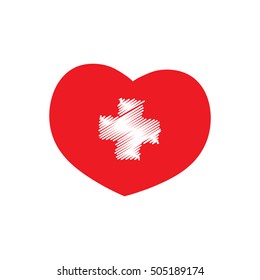 Red heart with white plus. Icon.