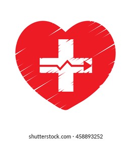 Red heart with white Plus symbol and signal of heart beat.