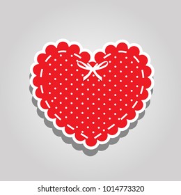 Red heart with white polka dots pattern, lacing and ribbon isolated on white background. Scrapbook design element. Valentine's day or love wedding sticker, clip art, detail for greeting card. Vector.