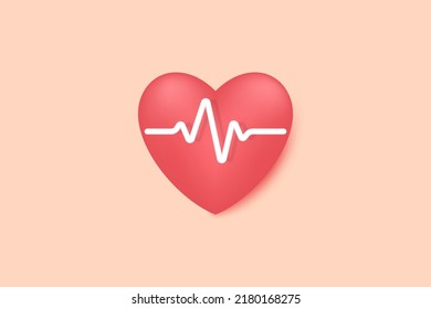 Red heart with white pulse. Heart pulse, cardiac assistance, pulse beat measure, medical healthcare concept. 3D vector illustration.