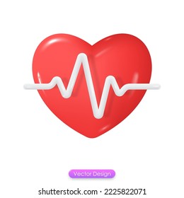 Red heart with white pulse. Heart pulse, cardiac assistance, pulse beat measure, medical healthcare concept. 3D vector illustration.