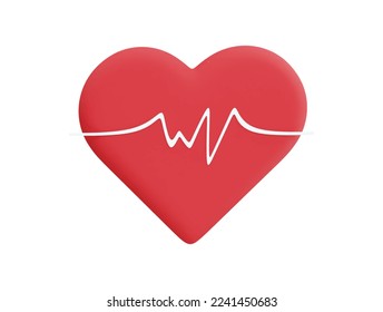 red heart with white pulse line with 3d vector icon cartoon minimal style