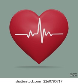 Red heart with white pulse line icon for design. Heart pulse. Heartbeat lone, cardiogram. Healthy lifestyle, cardiac assistance, pulse beat measure, medical healthcare concept. 3d vector illustration.