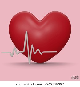 Red heart with white pulse line icon for design. Heart pulse. Heartbeat lone, cardiogram. Healthy lifestyle, cardiac assistance, pulse beat measure, medical healthcare concept. 3d vector illustration.