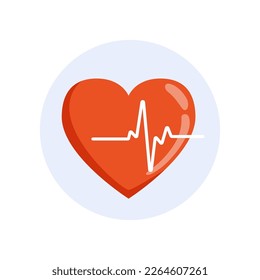 Corazón rojo con línea de pulso blanco sobre fondo blanco. Pulso cardíaco, latido cardíaco solo, cardiograma. Estilo de vida saludable, asistencia cardiaca, medición de latidos de pulso, icono vectorial de dibujos animados de atención médica.