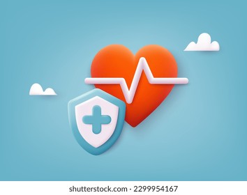 Red heart with white pulse line on white background. Medical aid and health care. Healthy lifestyle, cardiac assistance, pulse beat measure. 3D Web Vector Illustrations.