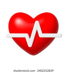 Red heart with white pulse line icon. Medical healthcare concept. 3d cartoon design element. Vector illustration.