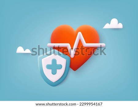 Red heart with white pulse line on white background. Medical aid and health care. Healthy lifestyle, cardiac assistance, pulse beat measure. 3D Web Vector Illustrations.