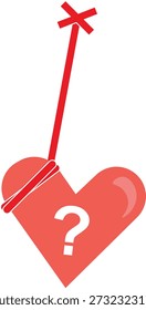Corazón rojo con un signo de interrogación blanco colgando de una cuerda o alambre. Ilustración vectorial conceptual para preguntas de misterio, amor curioso o relación.