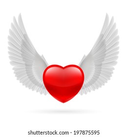 Red heart with white raised dove wings.