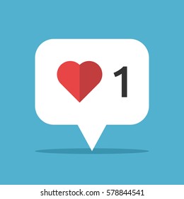 Red heart in white speech bubble on blue background with drop shadow. Approval, voting and social network concept. Flat design icon. Vector illustration. EPS 8, no transparency