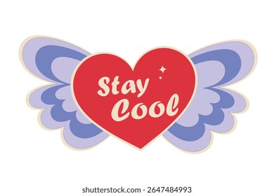 Red heart with white stay cool text and decorative purple wings in playful cartoon style on white background