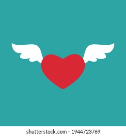 Corazón rojo con alas blancas aisladas en un fondo azul. Amor, romance, icono de citas. Carta de amor o mensaje. Icono plano favorito. Ilustración vectorial. 