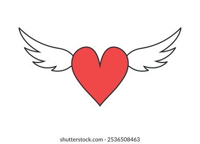 Red heart with white wings line icon emblem isolated on white background. Angel heart. Vector illustration