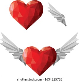 Red Heart with White Wings Low Poly Vector Object. Geometric Shaped Love Symbol. Valentine Lovers Day Isolated Elements for Collage and Card Design