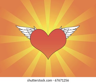 Red heart with white wings on a radiant background