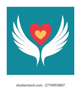 Red heart with white wings and a small yellow heart inside on a teal blue background