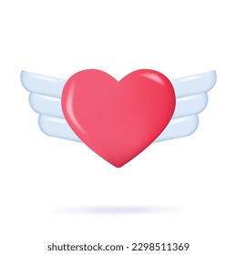 Red heart with white wings. Valentines Day 3d design element vector scalable