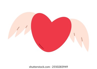 Red heart with white wings. Valentines Day design element. Flat vector isolated illustration