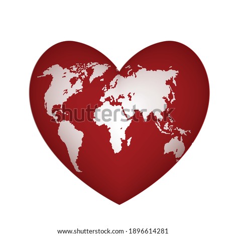 Red heart with white world map. Continents and continents of planet earth. Day of environmental protection. Vector illustration