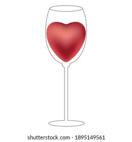 Red heart in wineglass on a white background. Love drink in wineglass