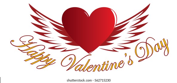 Red heart with wings. Below the words "Happy Valentine's Day". Vector illustration.